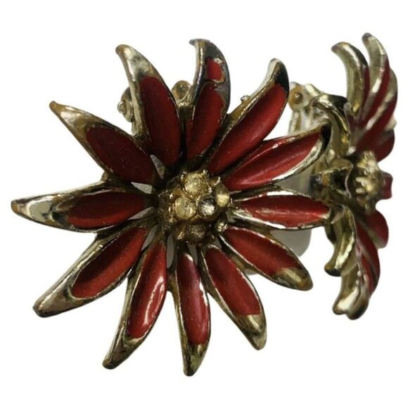 Vintage Red Enamel Sunflower Rhinestone Gold Tone Clip On Button Earrings - Picture 2 of 10